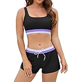 Cromi Women Two Piece Athletic Swimsuits, High Waisted Bikini Set Sporty Crop Top with Boy Shorts Bathing Suits for Teen