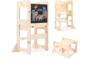 JOLIE VALLÉE TOYS & HOME Toddler Tower, Learning Standing tower, 4-in-1 Kitchen Wooden Stool Helper with Chalkboard, Montessori and Waldorf Helper for Kids in Kitchen, Bamboo Step Stool with Desk Table, and Chair