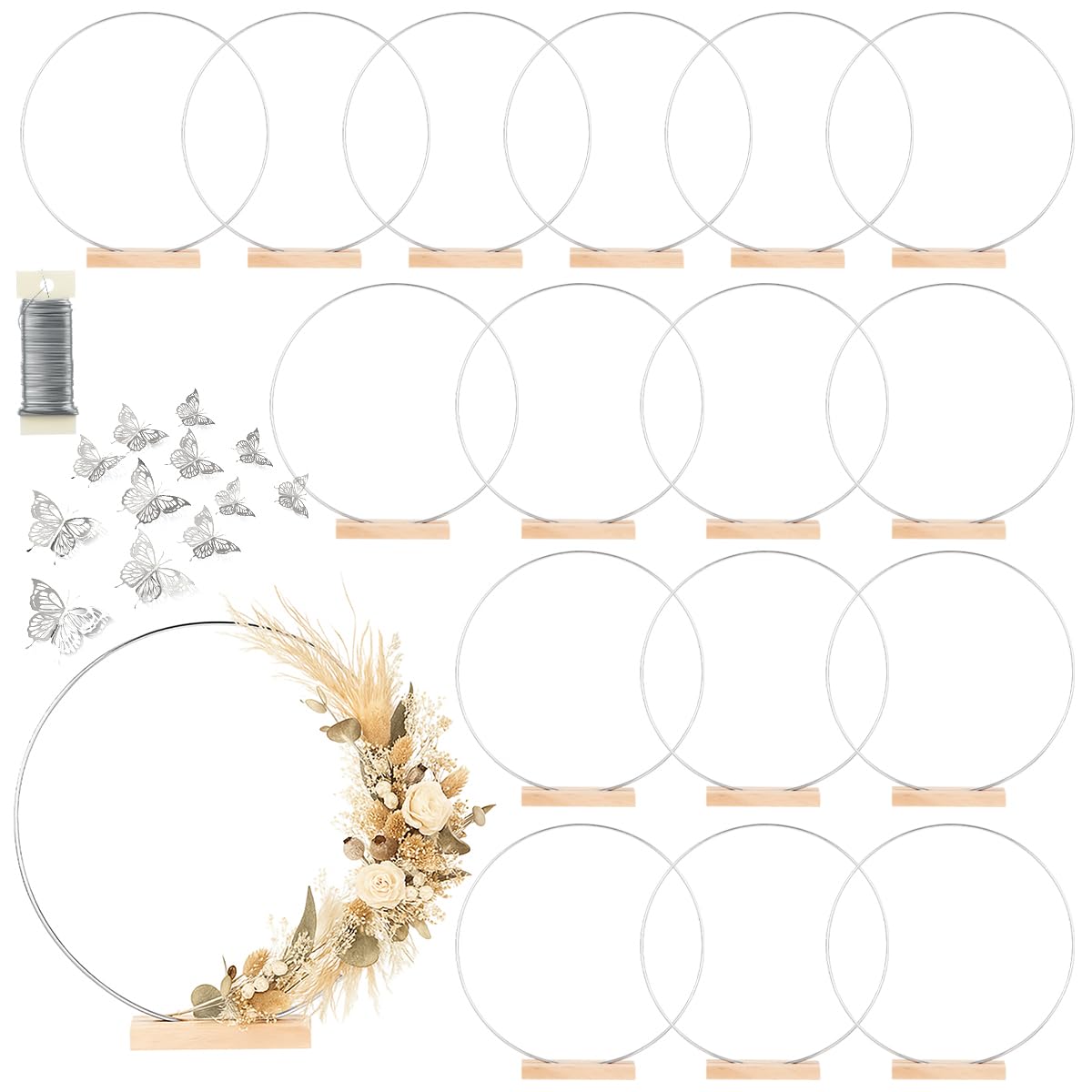 View 1 of 16 Pack Floral Hoop with Stand and 38-Yard Paddle Wire 16 in Metal Rings for DIY Centerpiece Table Decorations Crafts Macrame Rings Hoop Wreath Dream Catcher Rings Wedding Christmas Wreaths, Silver