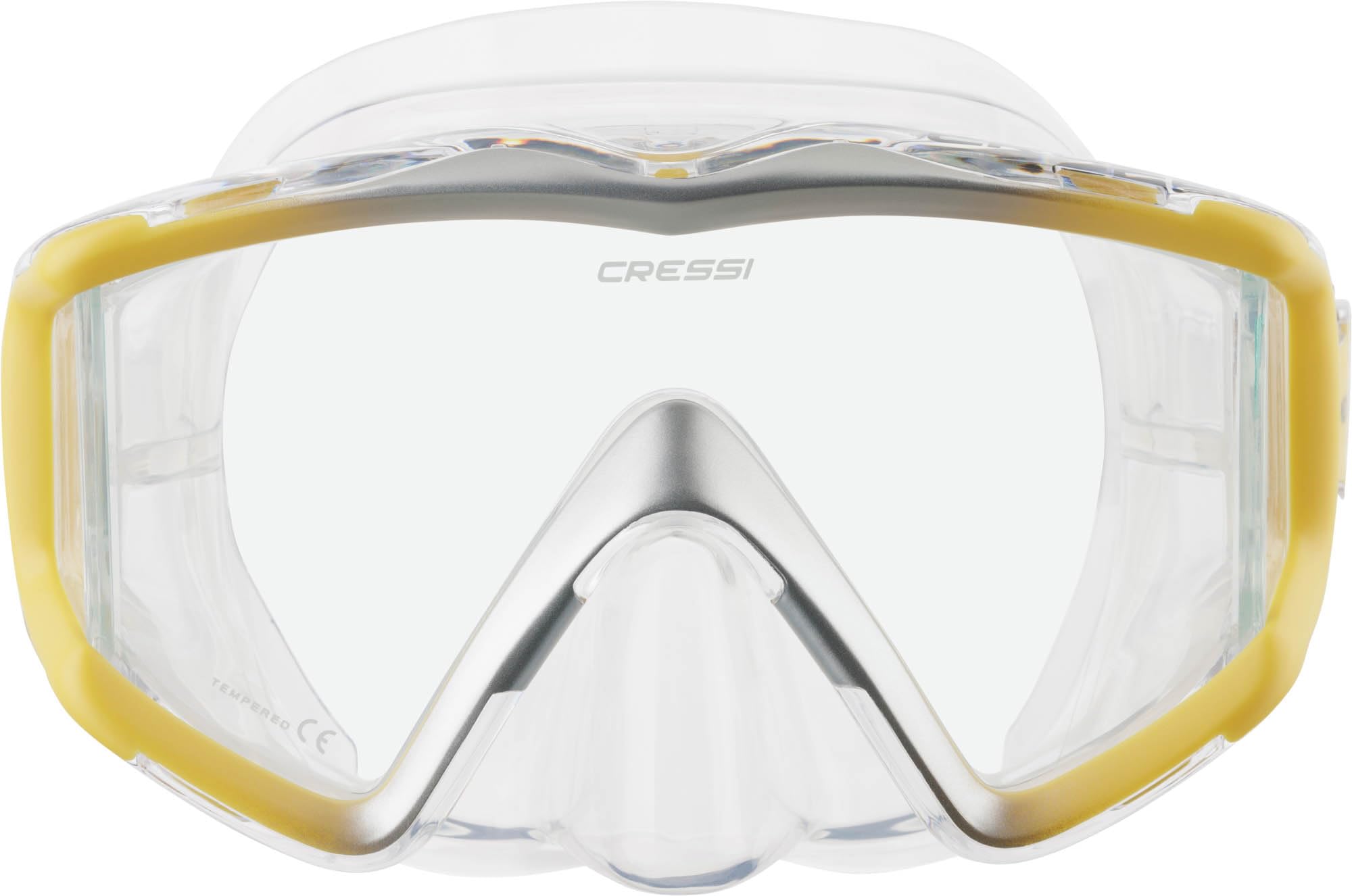 Cressi Liberty Triside Snorkel Mask - Panoramic 3-Glass Vision Diving Mask - Unisex Adult - One Size, Clear/Yellow Silver