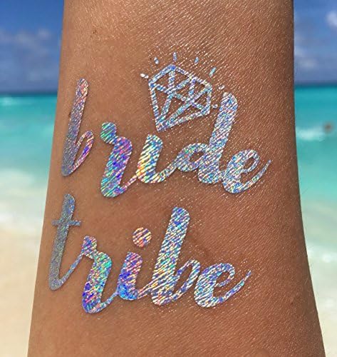 Bachelorette Tattoo Bride Tribe party supplies foil hologram flash rainbow gold metallic temporary tattoos set of 12 (6 Hologram &amp; 6 Gold each with 1 bride + 5 bride tribe tattoos)