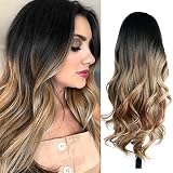 Quantum Love Wigs Ombre Wig Black to Light Brown Side Part Long Wavy Wig Heat Resistant Synthetic Daily Party Wig for Women (Ombre Black to Light Brown)