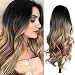 Quantum Love Wigs Ombre Wig Black to Light Brown Side Part Long Wavy Wig Heat Resistant Synthetic Daily Party Wig for Women (Ombre Black to Light Brown)