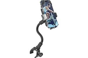 Dosvsi Indoor Bike Phone Holder, Adjustable Gooseneck Cell Phone Mount for Spin Bike, Treadmill, Stationary, [Anti-Shake Tether] Handlebar Clamp Mount for iPhone 16 15 14, Galaxy S24, More 4-7" Phones
