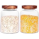Glass Storage Jars with Airtight Lids, Set of 2 42 FL OZ (1250ml) coffee container with Wooden Lid, Glass Pantry Canister for Beans, Rice, Sugar and etc (6.3 inch high)