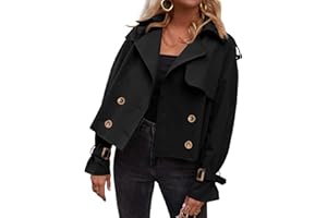 Tankaneo Womens Cropped Trench Coat Oversized Double Breasted Lapel Long Sleeve Short Jacket Fashion Outerwear