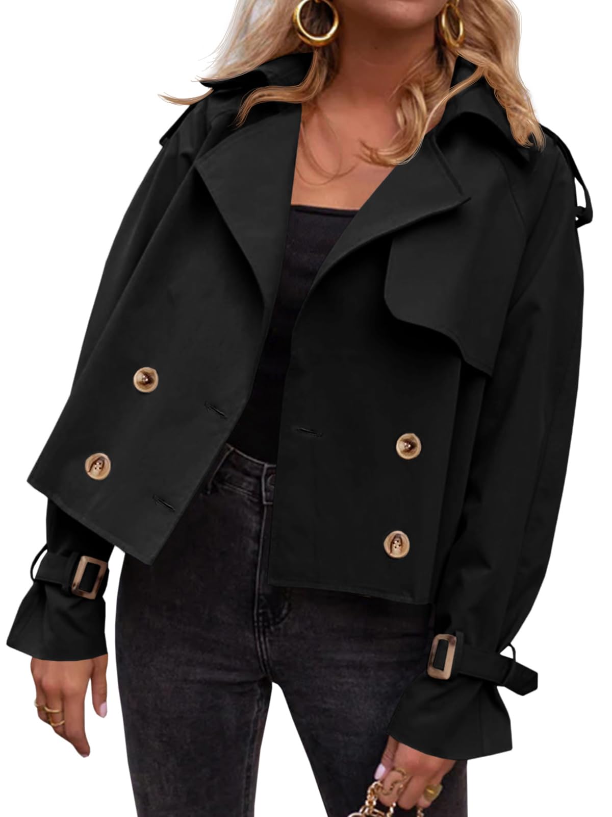 Photo 1 of ***Missing belt***Tankaneo Womens Cropped Trench Coat Oversized Double Breasted Lapel Long Sleeve Short Jacket Fashion Outerwear BLACK MEDIUM