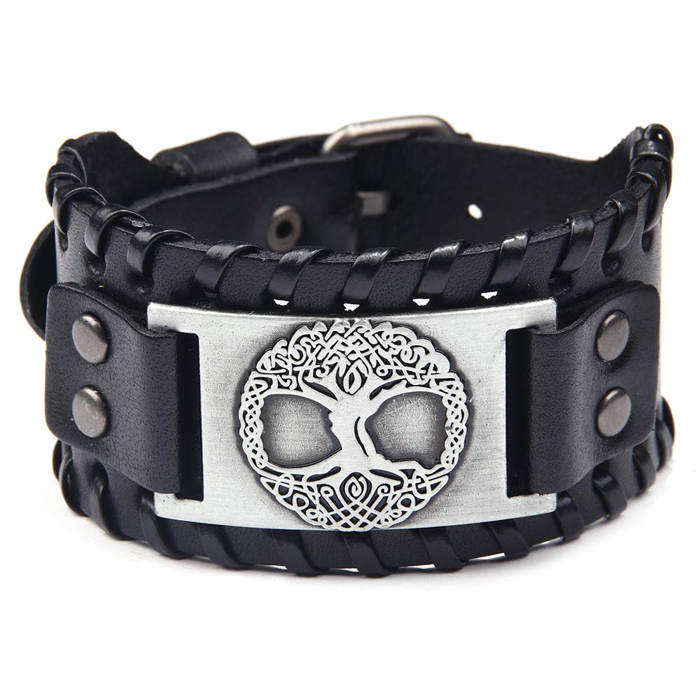 Juland Punk Braided Rope Alloy Bracelet Bangle Wristband Genuine Leather Bracelet Mens Leather Cuff Bracelet Tree of Life Wristbands Wide Cuff Leather Wrap Adjustable - Silver & Black