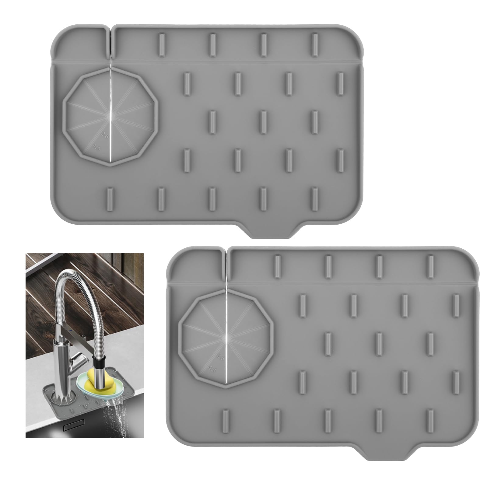 Photo 1 of 2Pcs Silicone Sink Faucet Splash Guard Mat, Soap Dish Pad Faucet Handle Drip Catch Sponge Holder Sink Protector Tray with Outlet & Slope for Bathroom Kitchen Countertop RV Gadget 8.3 x 5.3 Inch
