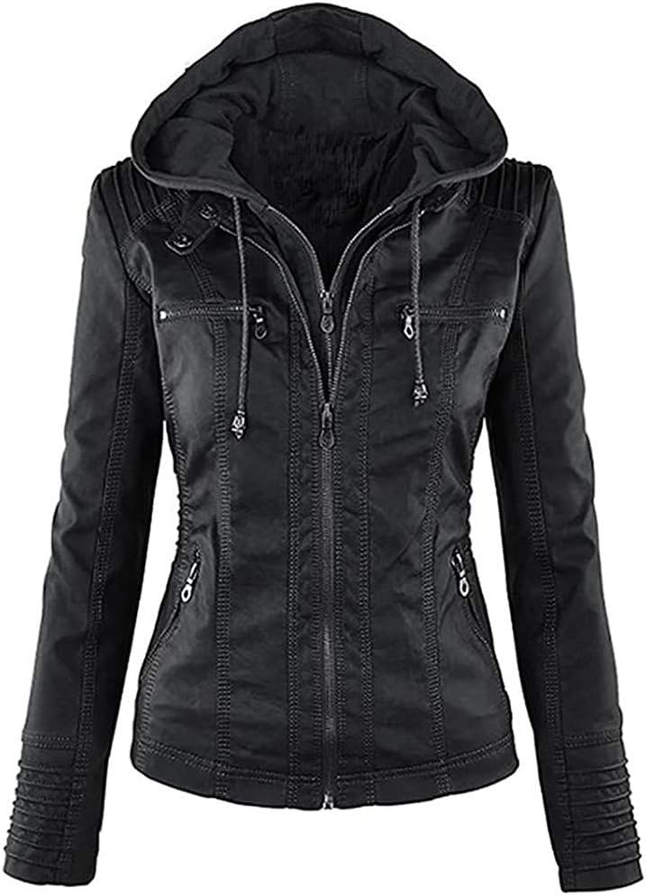 Seamido Women's Faux Leather Jacket Removable Hoooded Leather Jackets