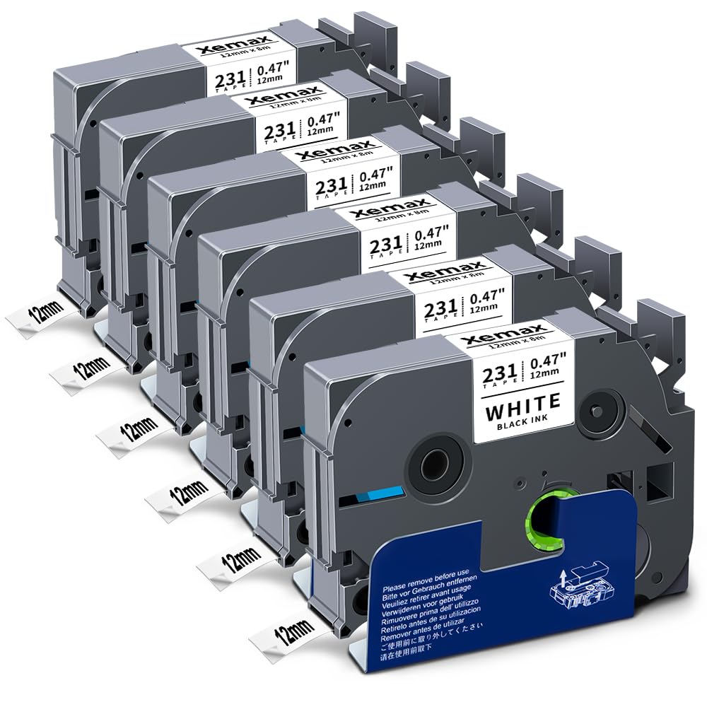 6X XemaX Compatible for Brother Label Printer Tape 12mm TZe-231 Black on White Tape Cassette for Brother P-Touch Label Maker PT-E110 H100R H100C H105 H110 E550W 1010 E100 H108