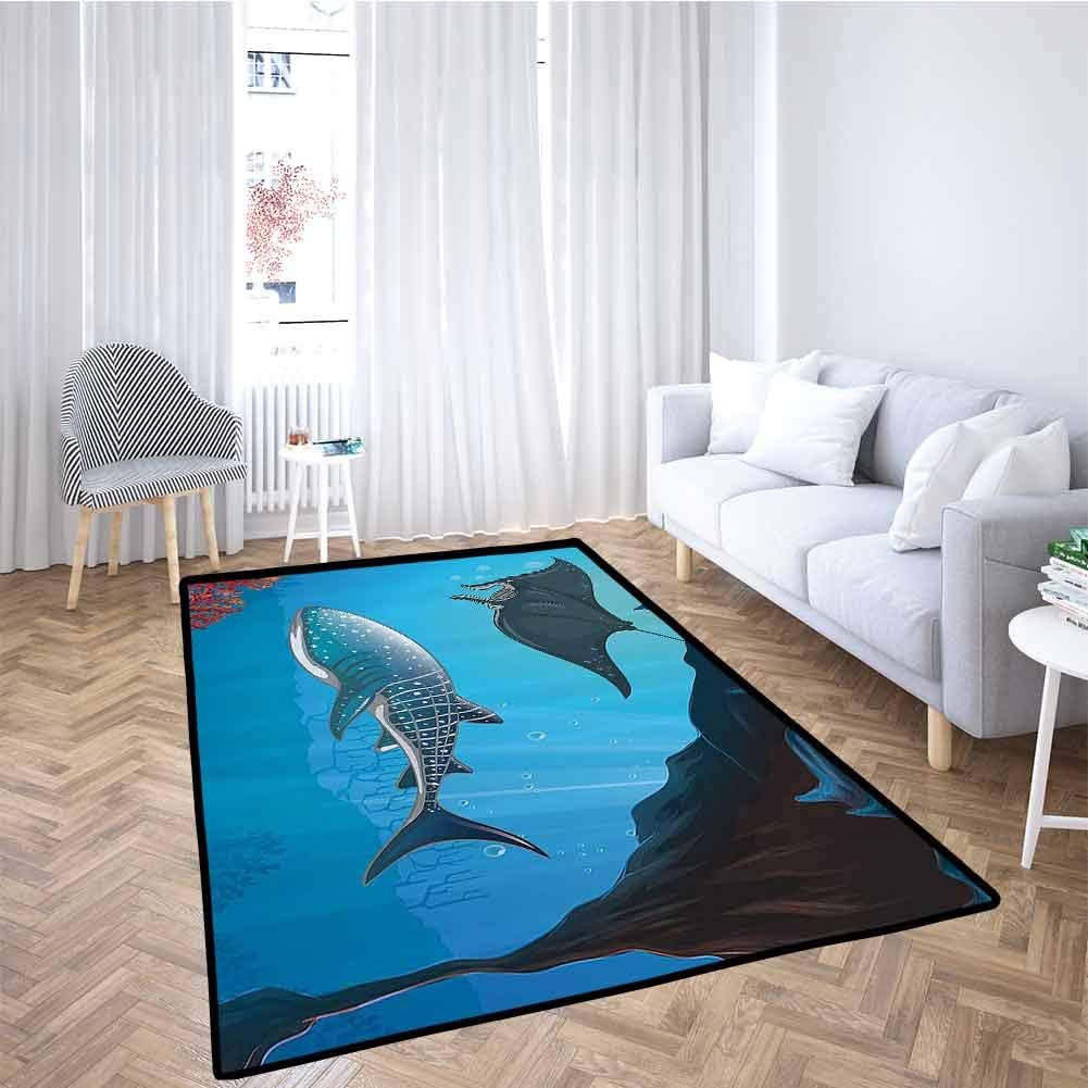 Sea Animal Decor Large Area Mat Shark Deep Water Stingray with Coral Reefs Algae Rocky Cave Exotic Cartoon Machine Washable Blue Grey 6x9 Feet