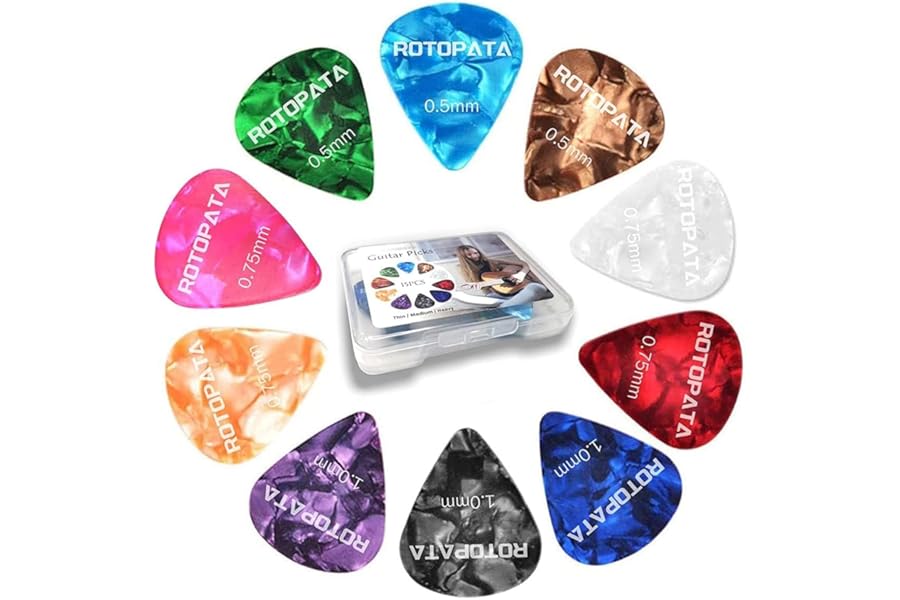 15 Pack Guitar Picks Plectrums with Organizer Storage Box, 0.5 0.75 1.0 mm Includes Thin Medium Heavy Thickness, Variety Colorful Celluloid Plectrums for Bass Electric Acoustic Guitars Ukulele