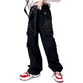 Rolanko Girls Cargo Pants Baggy Y2K Cargo Trousers Jeans Wide Leg Pants with Multi Pockets 4-15 Years