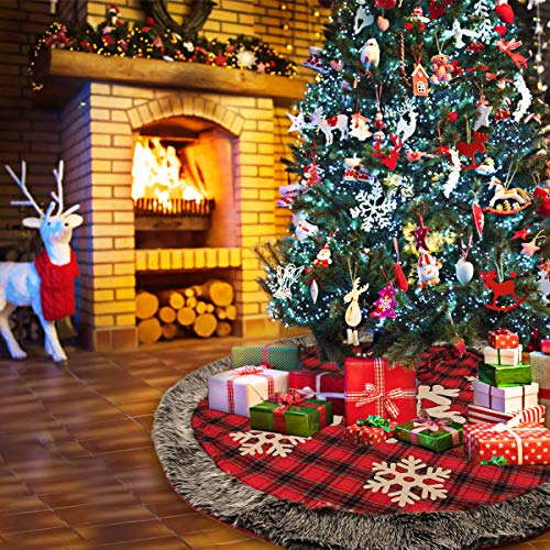 Aiduy Christmas Tree Skirt, 48 Inch Large Xmas Tree Skirt, Burlap Buffalo Plaid Christmas Tree Skirt with Thick Faux Fur Snowflake