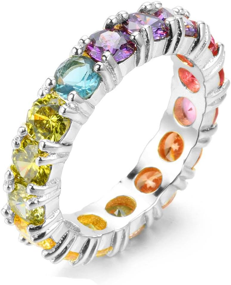 Women's 4MM Sterling Silver Rainbow Round Cubic Zirconia Eternity Ring