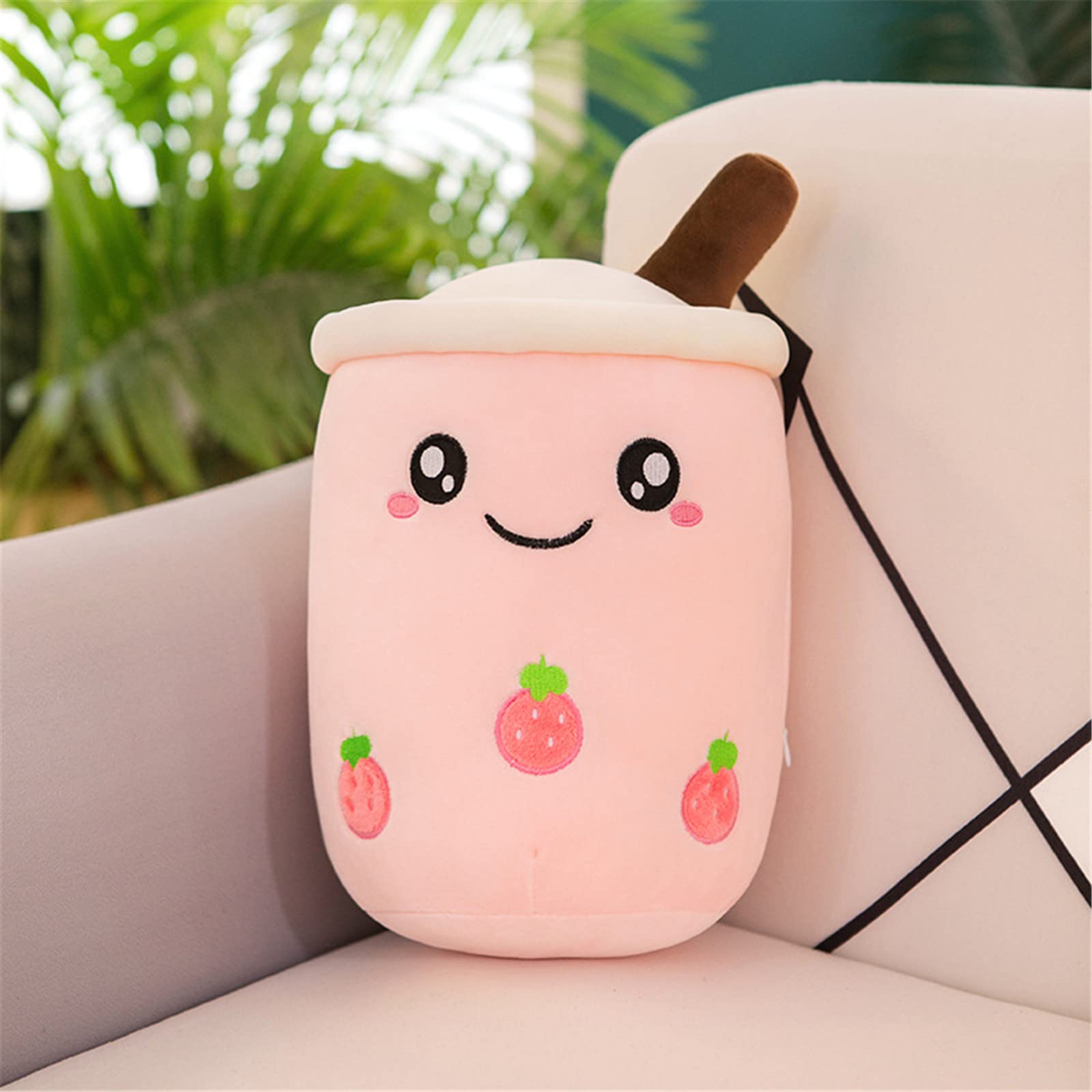 EXQULEG Bubble Tea Plush Toy Boba Cuddly Toy Plush Doll Soft Cuddly Toy Tea Cup Cushion Children's Toy (Pink Round Eyes, 25 cm)