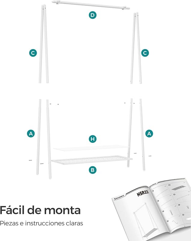Burro, cabide de roupa, estrutura em aço, com barra e prateleira, 33,5 x 92,5 x 153 cm, para quarto, roupeiro, lavandaria, HSR023W01 branca
