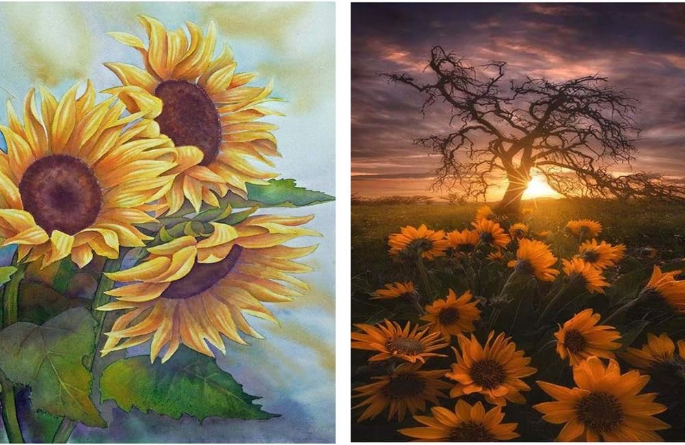 Yomiie 5D Diamond Painting Oil Painting Sunflower Flower Sunset Tree Full Drill by Number Kits for Adults, Paint with Diamonds Art Rhinestone Craft Decor 2 Pack 30x40cm (12x16inch)