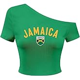 SweatyRocks Women's Jamaica One Shoulder Crop Top Short Sleeve T Shirt Letter Graphic Tee