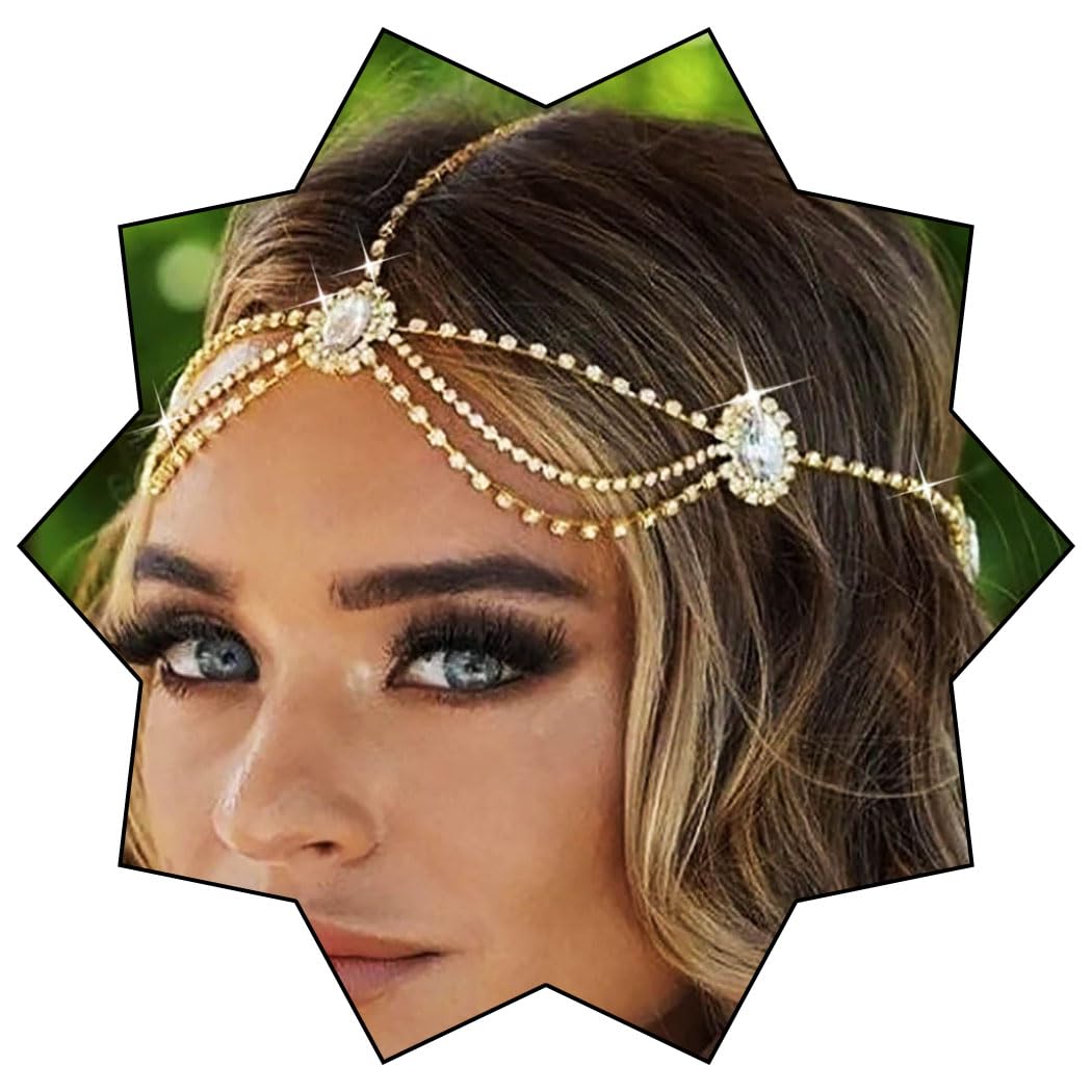 IYOU Crystal Bridal Head Chain Silver Bride Headpiece Rhinestone Headband Hair Piece Festival Wedding Hair Accessories for Women (Gold)