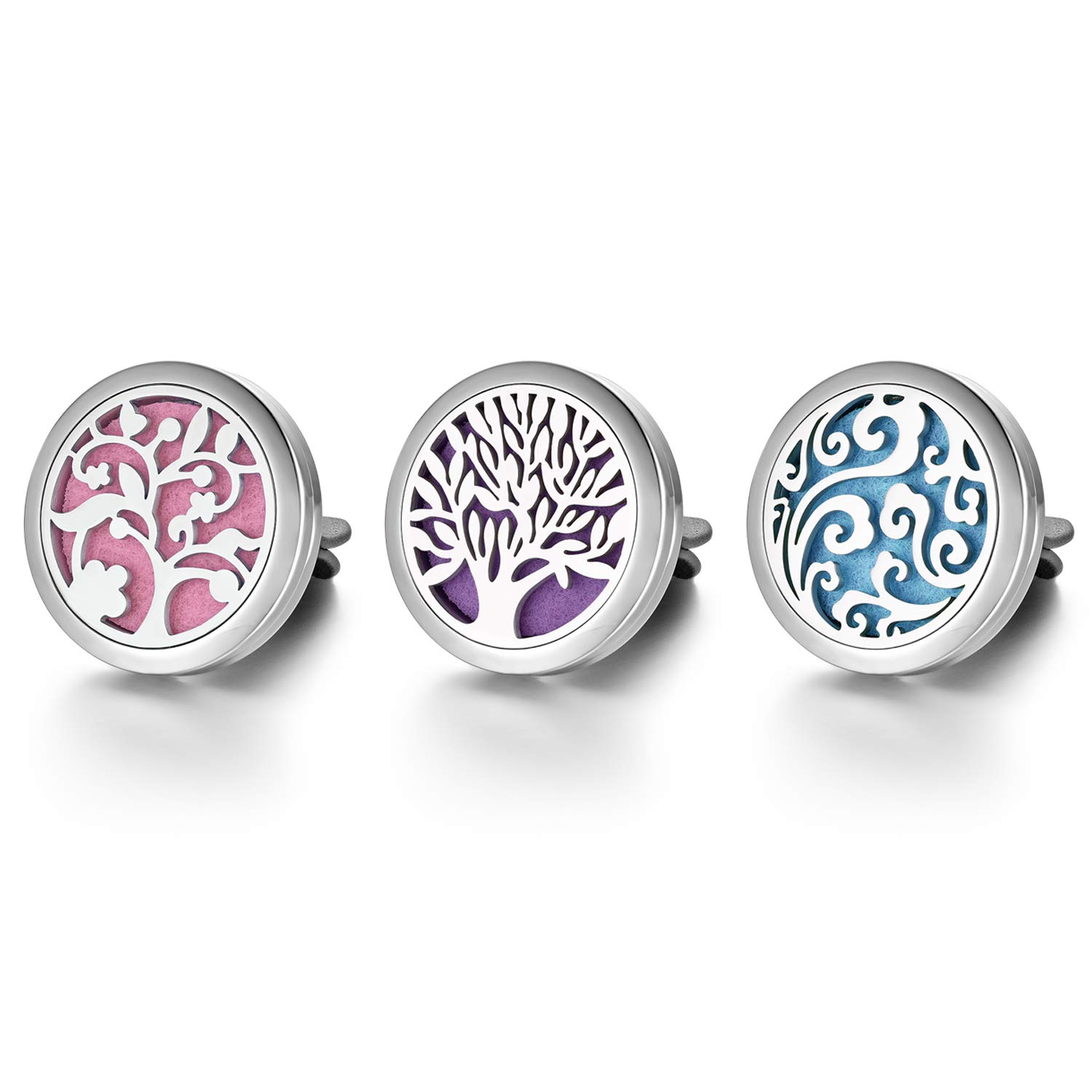 JewelryWe 3PCS Tree of Life Car Vent Clip Stainless Steel Aromatherapy Locket Essential Oil Diffuser Air Freshener 10 Refill Pads