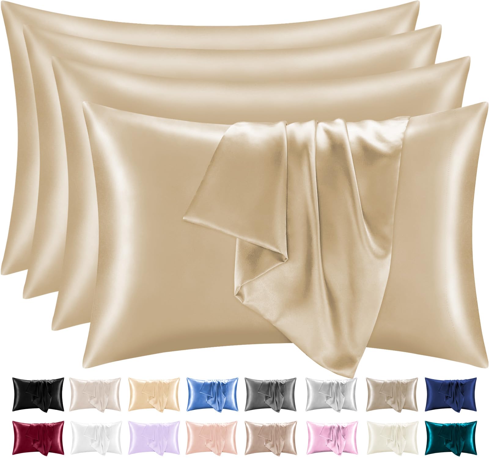 Lazzaro Satin Silk Pillowcases for Hair and Skin - Hypoallergenic Silk Pillow Cases 4 Pack with Envelope Closure - Ultrasoft Standard Size Champagne Silk Pillowcases (50 x 75 cm)