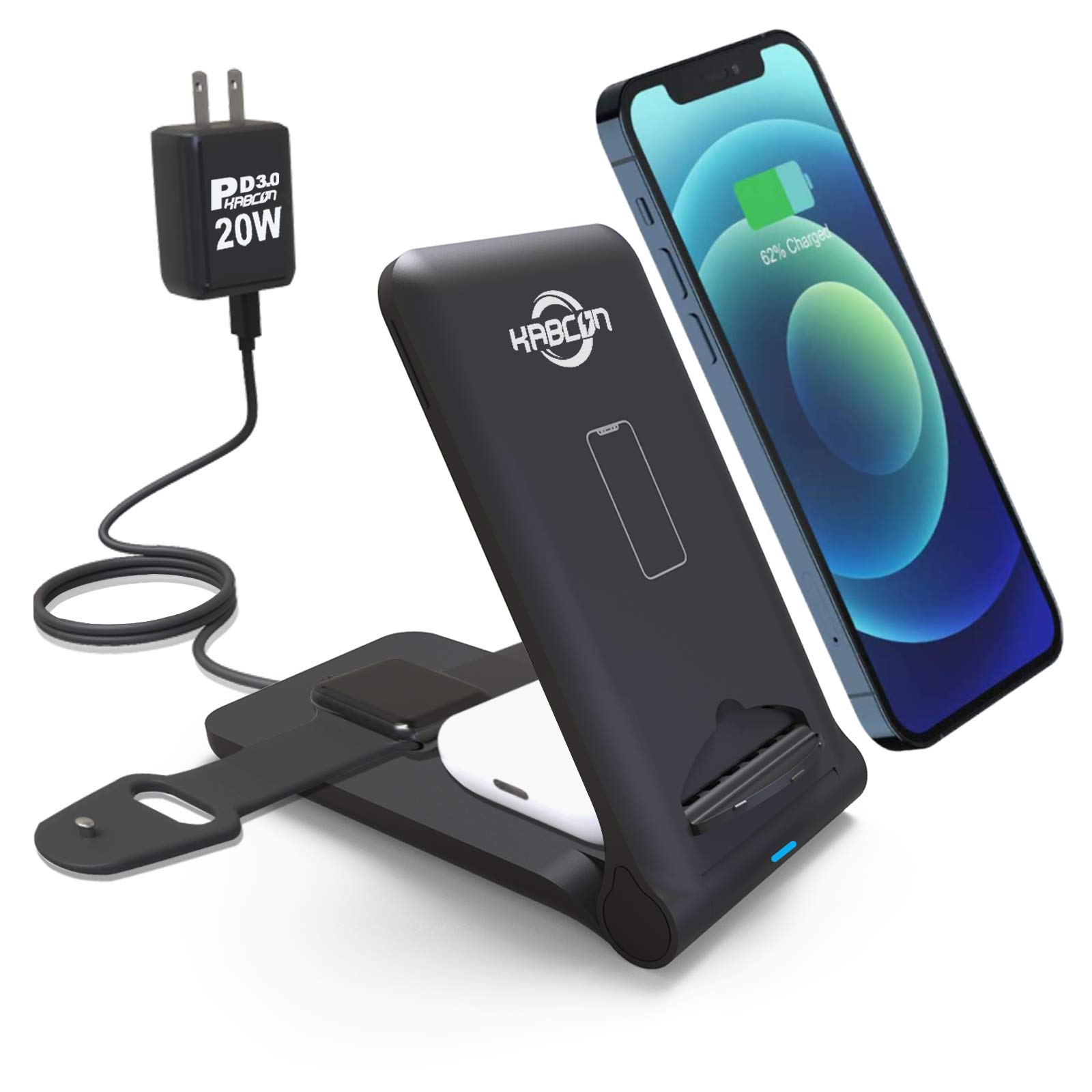 KABCONWireless Charger 3 in 1, 15W Foldable Fast Charging Station Compatible for Apple iWatch, AirPods,iPhone 13/13 Pro/12/12 Pro/11/11 Pro Max/XR/X/Xs/8 and More（with 20W PD3.0 Adapter）