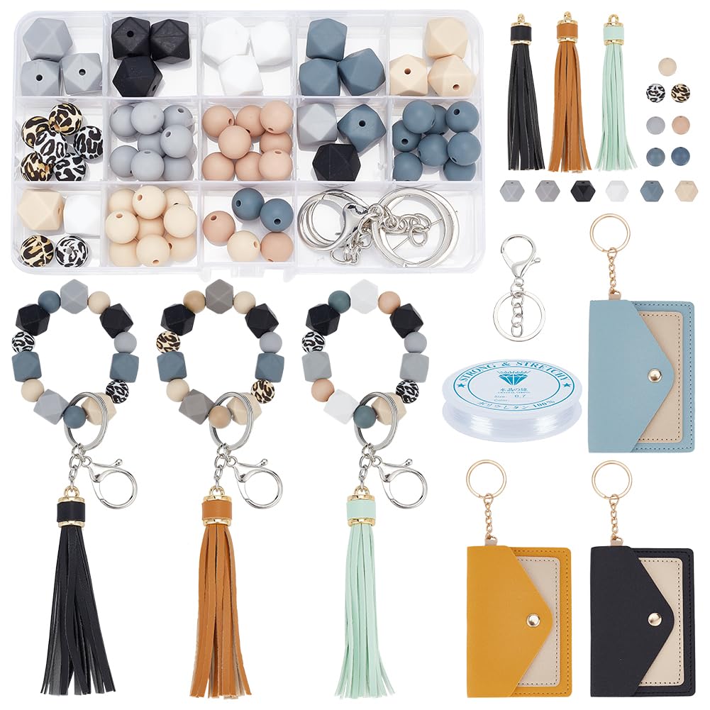 WEBEEDY Silicone Beads Keychain Making Kit Assorted Silicone Beads with 3 Styles PU Leather Card Holder Wallet for Wristlet Bracelets Necklace Keychains Jewelry Pen DIY Gift Crafts Making