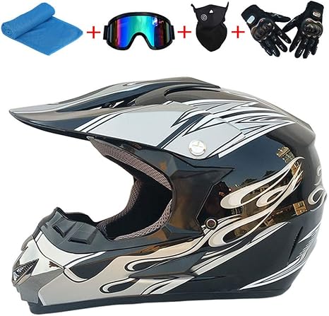 Akboy Cascos De Moto Integrales Ninos Casco De Bicicleta Jovenes Kit Casco Moto Hombres Mujeres Casco De Motocross Motocicleta Bicicleta Mtb Con Guantes Mascarilla Gafas Toalla Negro Plata Llama Amazon Es Deportes Y