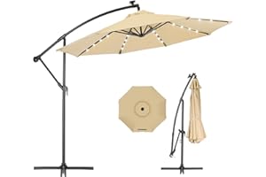 EchoSmile 10FT Solar Cantilever Patio Umbrella with 32 LED Lights and 8 Ribs, Cross Base, Tilt Adjustment, UV-resistant fabric for Deck, Pool, Garden, Backyard, Khaki