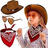 JeVenis Brown Cowgirl Hat Girls Cowboy Hat Western Cowgirl Hat Bandana heart shape Sunglasses for Birthday Party