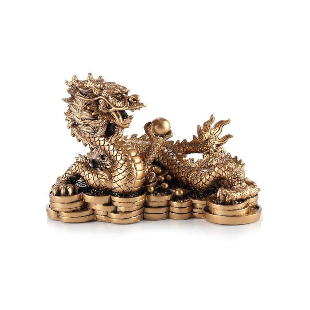 lachineuse - Large Dragon Feng Shui Figurine - Dragon on Sapeques Statue - 14 x 21 x 11.5 cm - Symbol of Power, Strength & Longevity - Chinese Asian Decoration - Gold Color