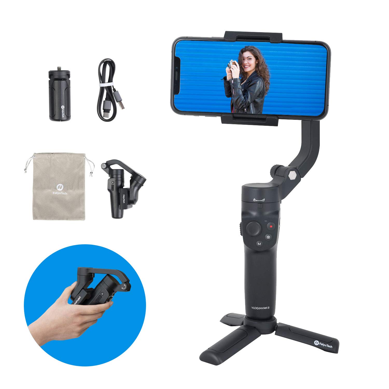 FeiyuTech VLOG Pocket 2 3-Axis Hand Stabilizers Portable Phone Cardan Stabilizer for iPhone Series/Huawei P30 Pro (Black)