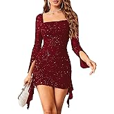 VAFADRESS Womens Sexy Sequin Sparkly Glitter Dress Long Sleeve Square Neck Cocktail Evening Party Mini Dress