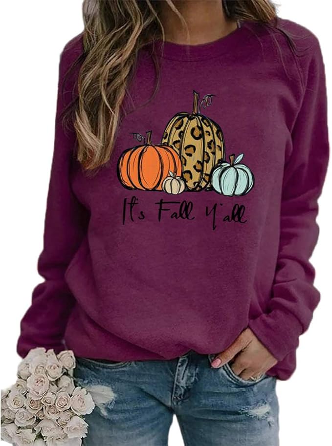 Women Its Fall Yall Pumpkin Halloween Sweatshirt Leopard Print Casual Long Sleeve Pullover Shirt 