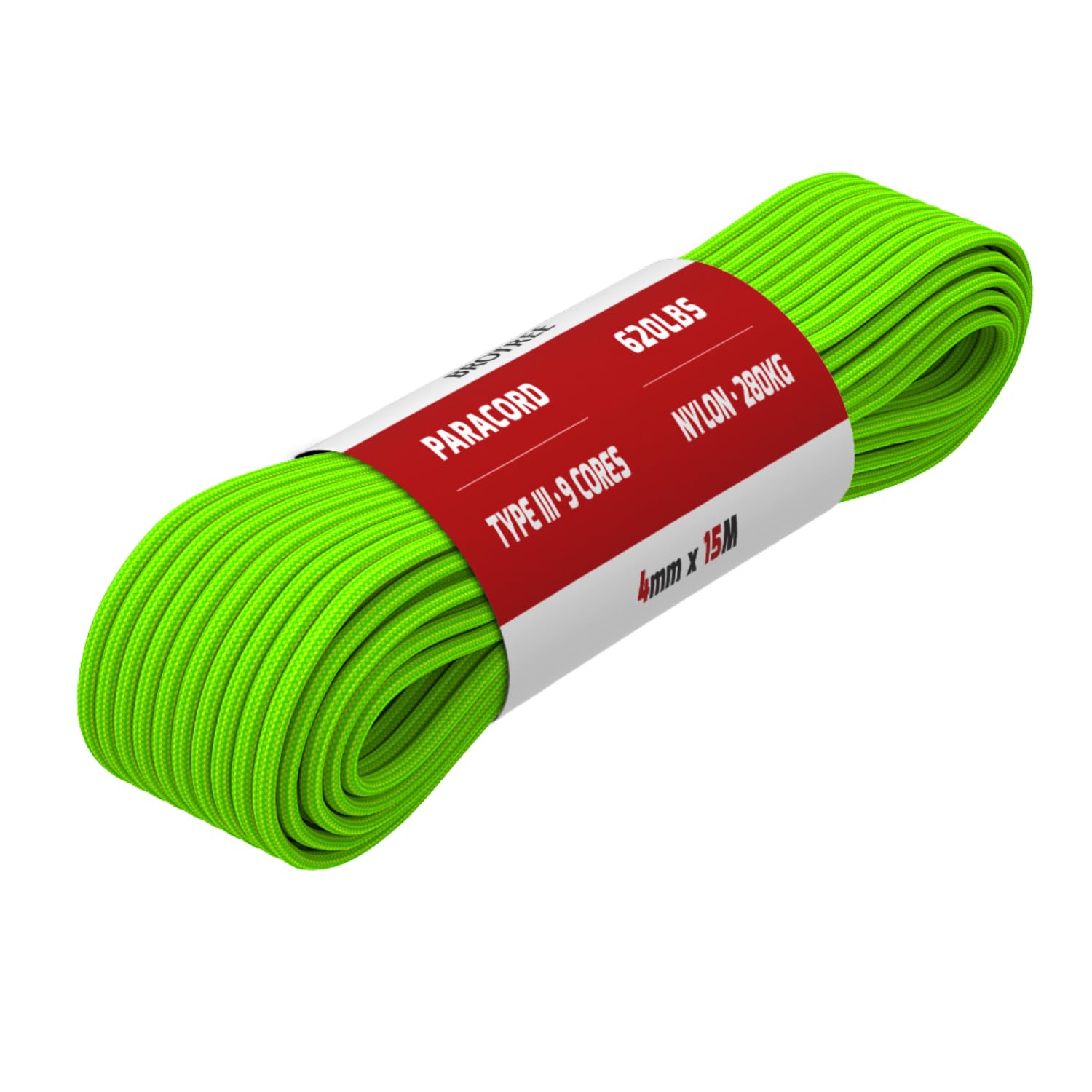 Brotree Paracord 4mm 15M 9 Strands 100% Nylon Rope Type 3 Parachute Cord for Outdoor, Bracelet, DIY - 280kg Breaking Load (Neon Green)
