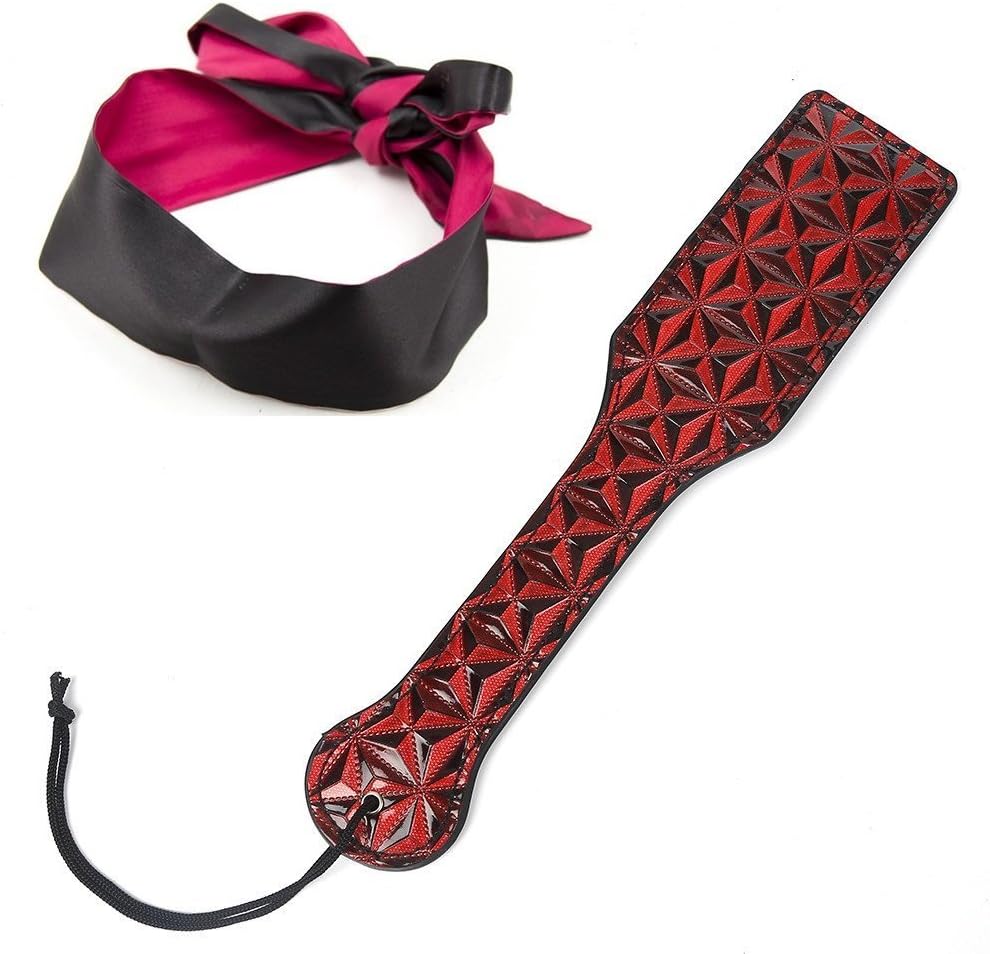 Christmas Gift Satin Eye Mask Blindfold with 3D Diamond Pattern Hand Slapper Leather Spanking Paddle Role Game Play Fancy Dress Up Cosplay