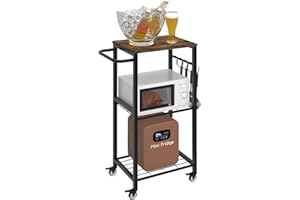 Sungaryard 3-Tier Rolling Kitchen Cart Microwave Stand on Wheel, Movable Coffee Bar Cart with Metal Handle, Bakers Rack with 8 Hooks Utility Cart for Living Room, Bedroom, Bathroom, Office, Black