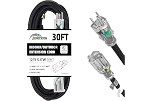 HONDERSON 30FT 12/3 Lighted Outdoor Extension Cord - 12 Gauge 3 Prong SJTW Heavy Duty Black Extension Cable with 3 Prong Grounded Plug for Safety,UL Listed