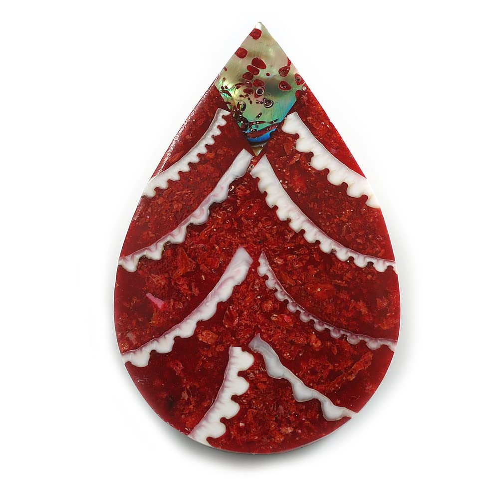 45mm L/Teardrop Shape Sea Shell Brooch/Red/White/Abalone Shades/Handmade/Slight Variation In Colour/Natural Irregularities