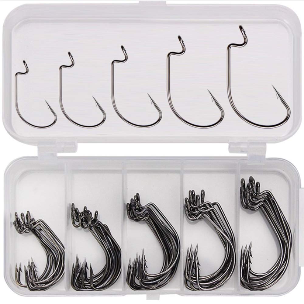 Amacoam Fishing Hooks Barbed Fish Hooks Set High Carbon Steel Strong Circle Hooks Barb Fishing Hooks 5 Different Sizes Fish Hooks Tackle Box Saltwater Freshwater Fishing with a Plastic Box 50 Pieces
