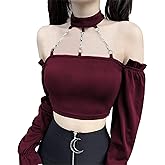 Dark Punk Crop Top with Chains Women Punk Off Shoulder Hollow Out Solid Backless Long Sleeve Tops