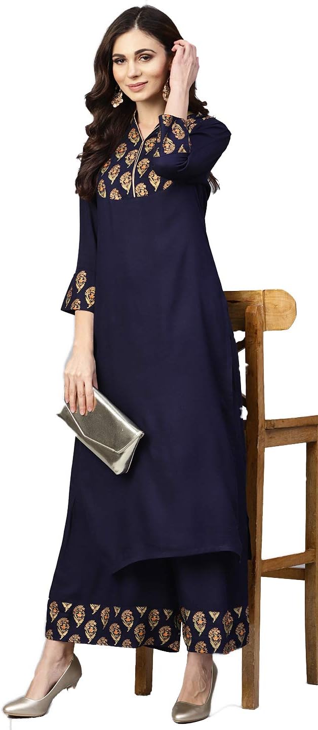 Women Pure Cotton Straight Printed Kurta Kurti Palazzo Set Indian Dress
