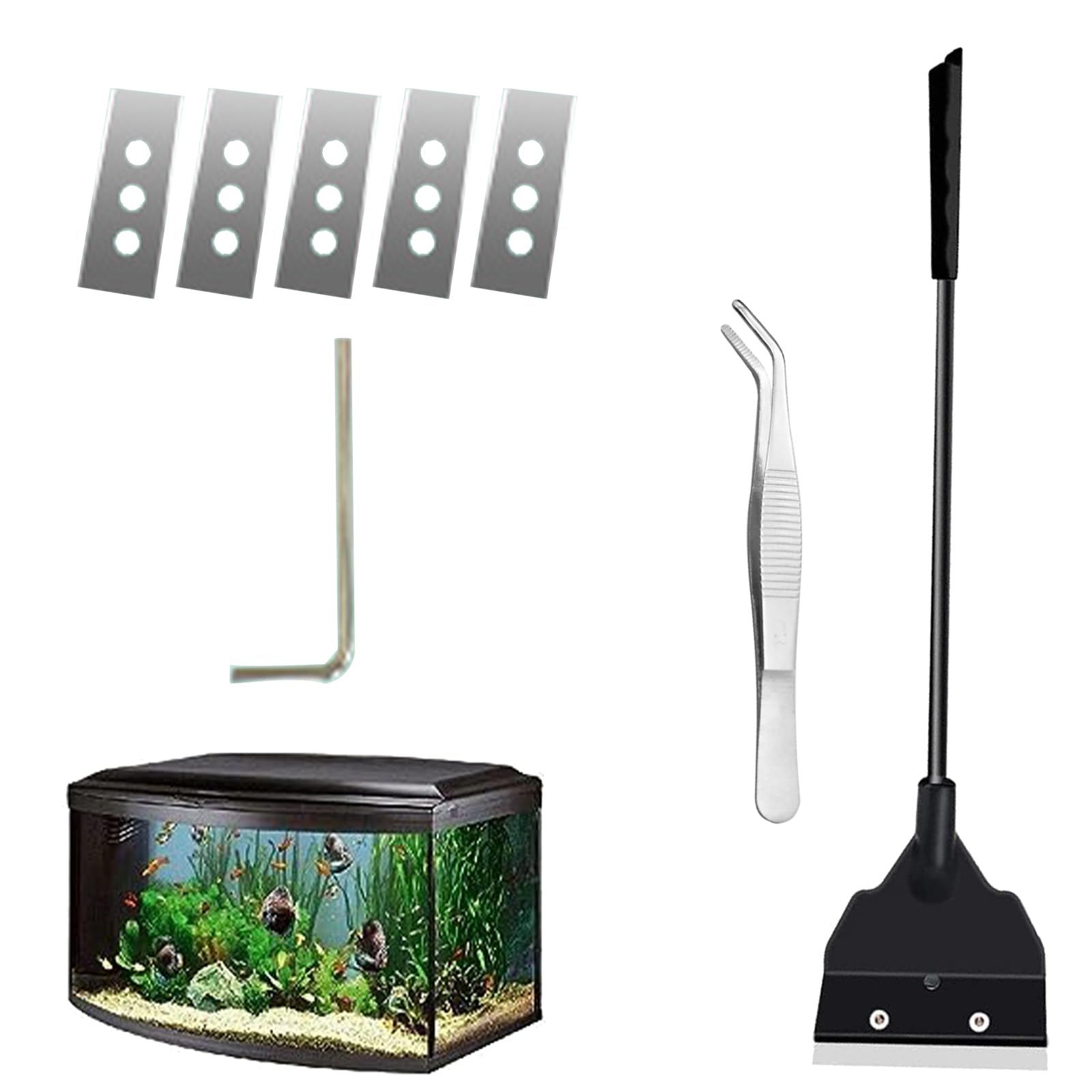Algae Scraper, Aquarium Algae Cleaner, Aquarium Scraper, Glass Scraper, Algae Scraper, Aquarium Cleaning Razor, 34 cm, with Tweezers, Removable Rod and 4 Blades