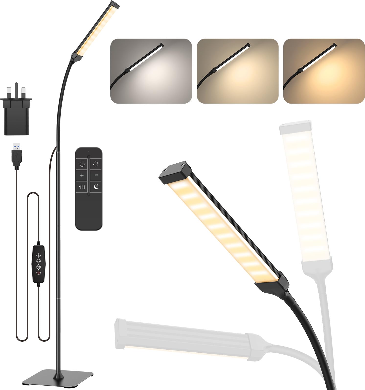 iFalarila Floor Lamp with Remote Control, 120 LED 10 W, 3 Colours & 10 Brightnesses, Flexible Arm for Living Room/Bedroom/Office