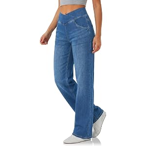 Cicy Bell Womens Pull On Wide Leg Jeans Stretchy Crossover Denim Pants | High Waisted, Baggy Jeans, Knit Fabric, Loose Fit, F