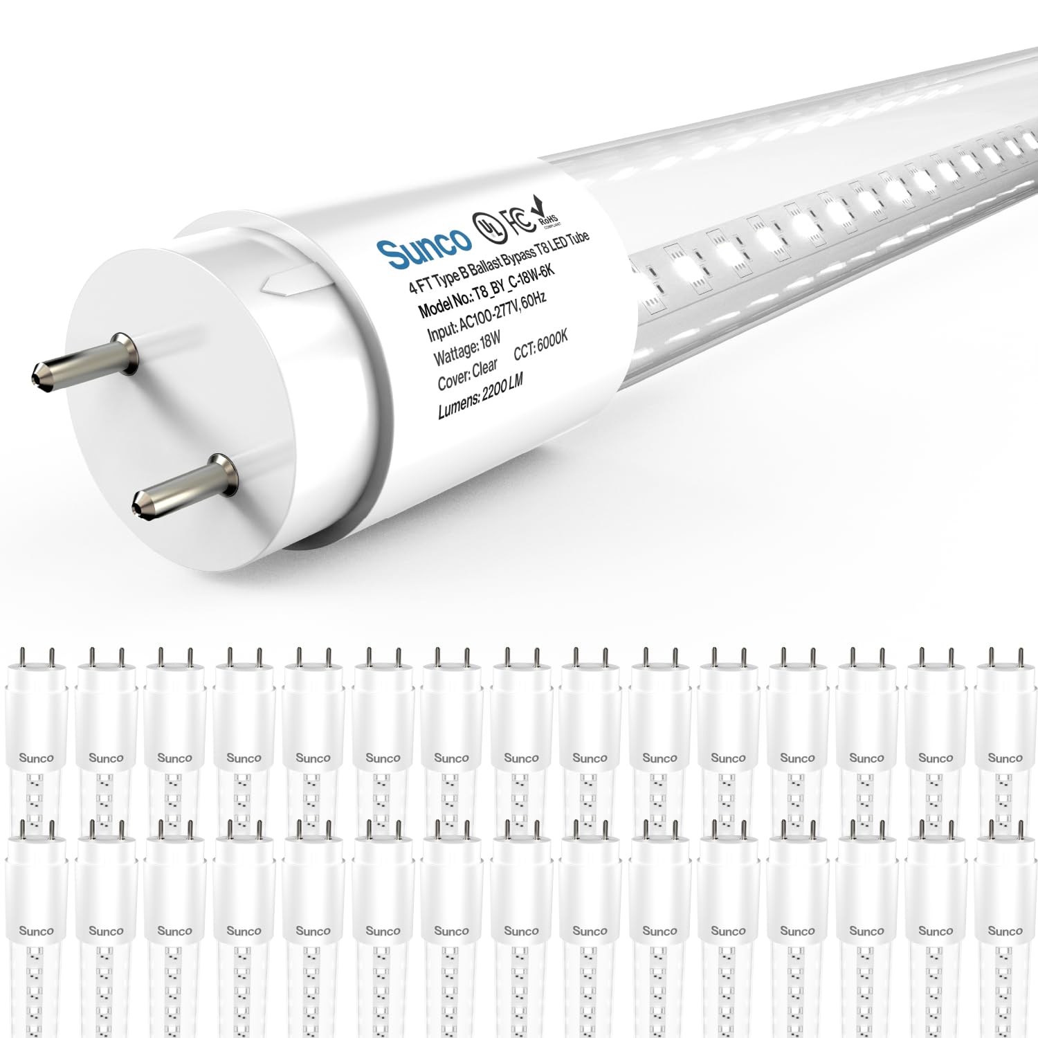 Photo 1 of Sunco 30 Pack T8 LED Tubes 4FT Fluorescent Replacement, 48 Inch, 18W, 2200LM, 6000K Daylight Deluxe, Single Ended Power, Type B, Clear Lens UL