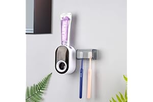 LUEXBOX Toothbrush Holder Wall Mounted with Cover for Bathroom, 2 Slots Toothbrush Storage Organizer for Shower, Self Adhesive Toothbrush Hanger with Automatic Toothpaste Squeezer Dispenser
