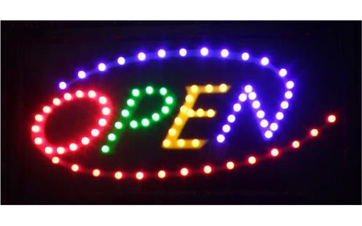 Open Rectangular Multicolored LED Sign | Bright Neon Animated Flashing Display with Hanging Chain, 45cm x 25cm